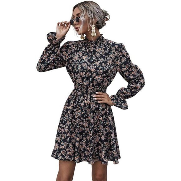 Summer Flower Print Long Sleeve Black A - Picture 1 of 6